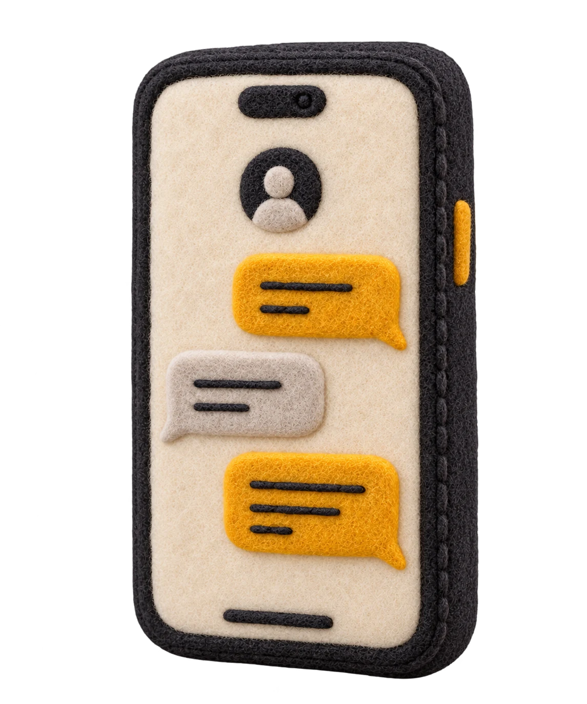 A hand-felted phone with a simple conversation on its screen