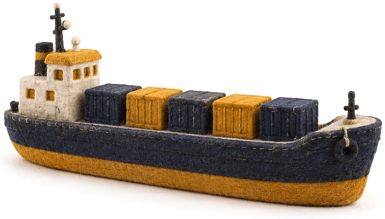 A container ship, made of felted wool