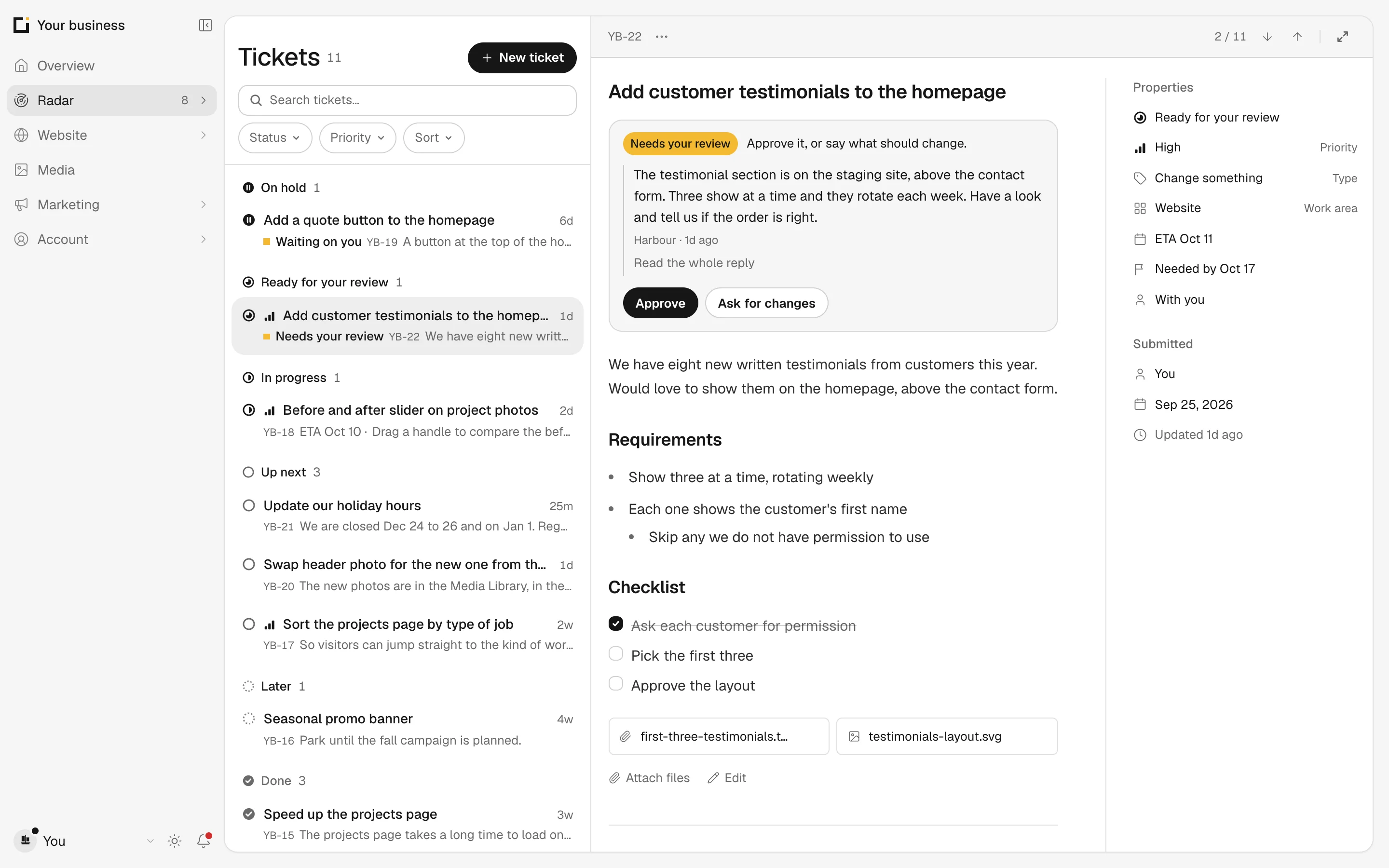 Sample Harbour tickets showing client requests and work status