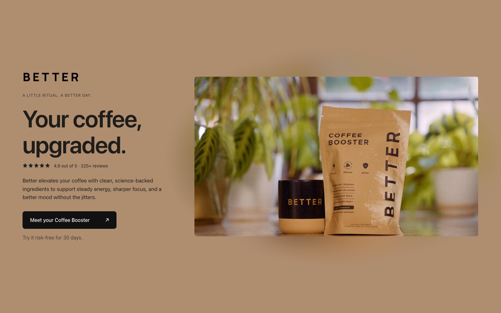 The Better Company homepage: “Your coffee, upgraded.” beside the Coffee Booster pouch and a mug
