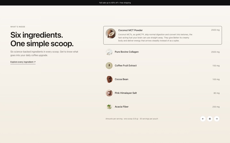 The ingredients section of The Better Company homepage: “Six ingredients. One simple scoop.”