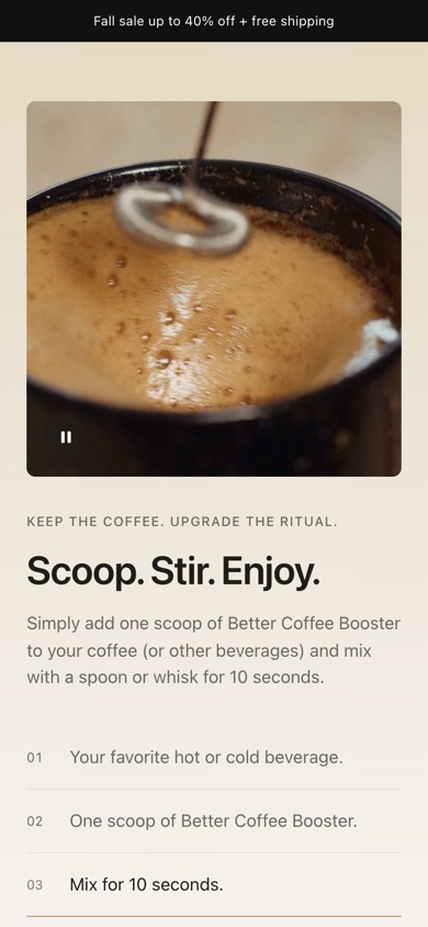 The “Scoop. Stir. Enjoy.” section of the product page on a phone