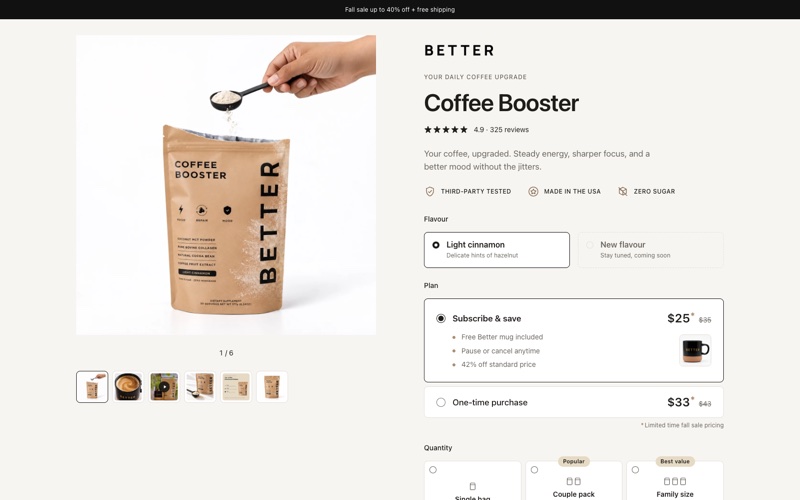 The Coffee Booster product page, with a photo of the product and the options to buy