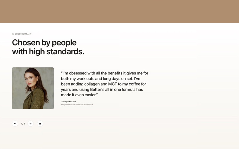 A section of The Better Company homepage with a portrait and a quote from an ambassador