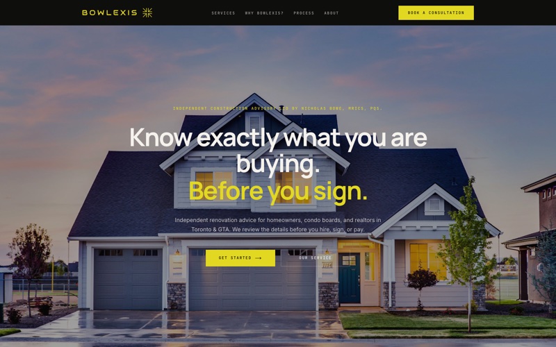 The Bowlexis homepage: “Know exactly what you are buying. Before you sign.” over a photograph of a house at dusk