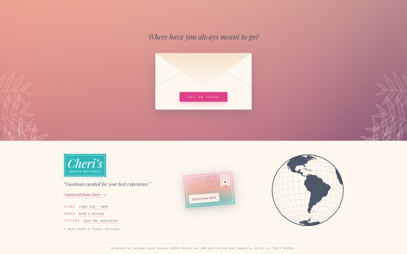 The foot of the Cheri’s Travel Boutique site: “Where have you always meant to go?” above an envelope and a globe