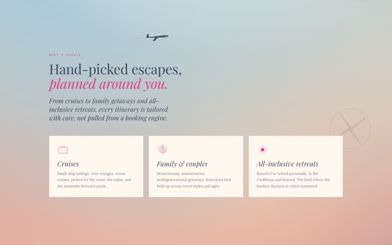 The “Hand-picked escapes” section of the Cheri’s Travel Boutique site, with three cards