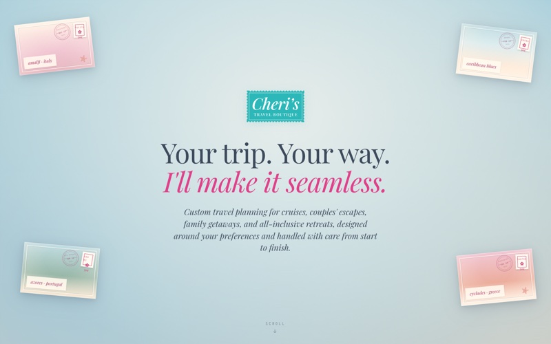 The Cheri’s Travel Boutique homepage: “Your trip. Your way. I’ll make it seamless.” with illustrated postcards in the corners