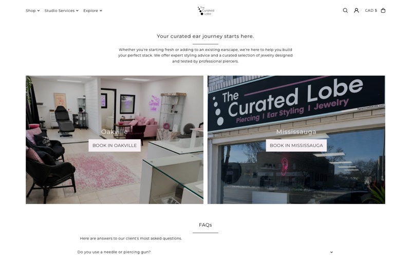 The booking page, with the Oakville and Mississauga studios side by side