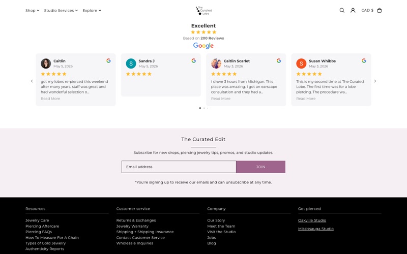 The foot of The Curated Lobe homepage, with reviews and the sign-up for The Curated Edit newsletter