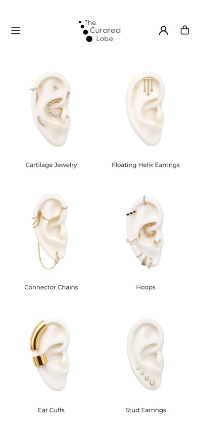 The Curated Lobe homepage on a phone, showing six kinds of earring