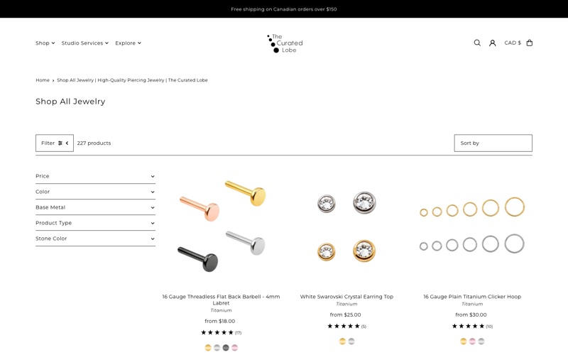 The Shop All page of The Curated Lobe store, listing 227 products with filters beside them