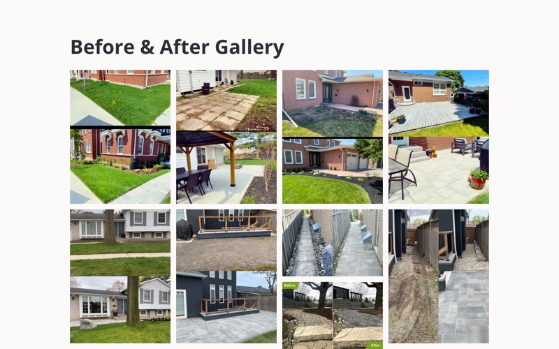 The before and after gallery on the rebuilt Roger’s Landscaping site: paired photos of lawns, patios and walkways
