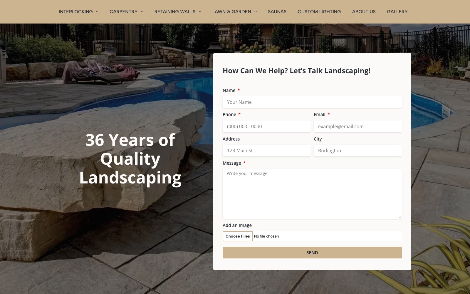 The rebuilt Roger’s Landscaping homepage: “36 Years of Quality Landscaping” over a photo of a stone-edged pool, with a quote form beside it