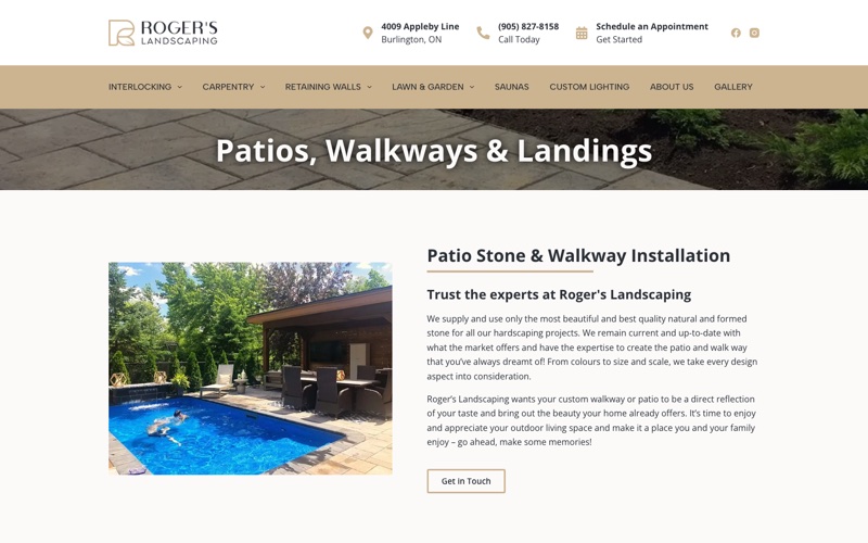 The patios, walkways and landings page of the rebuilt Roger’s Landscaping site