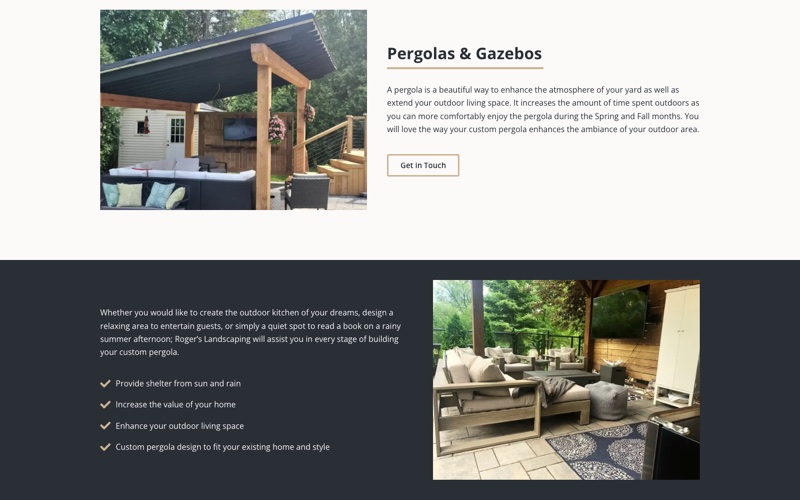 The pergolas and gazebos page, showing a timber pergola over an outdoor seating area