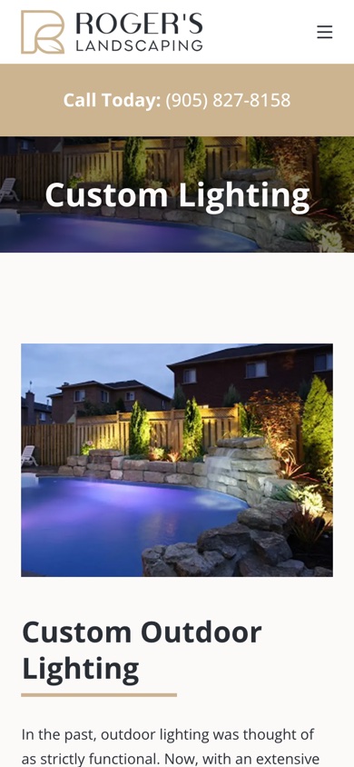 The custom lighting page of the rebuilt Roger’s Landscaping site on a phone