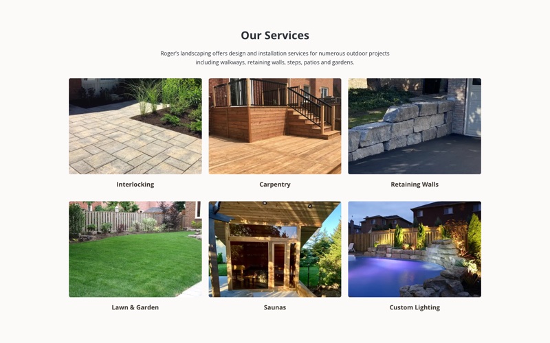 The services section of the rebuilt Roger’s Landscaping homepage, with six photo cards