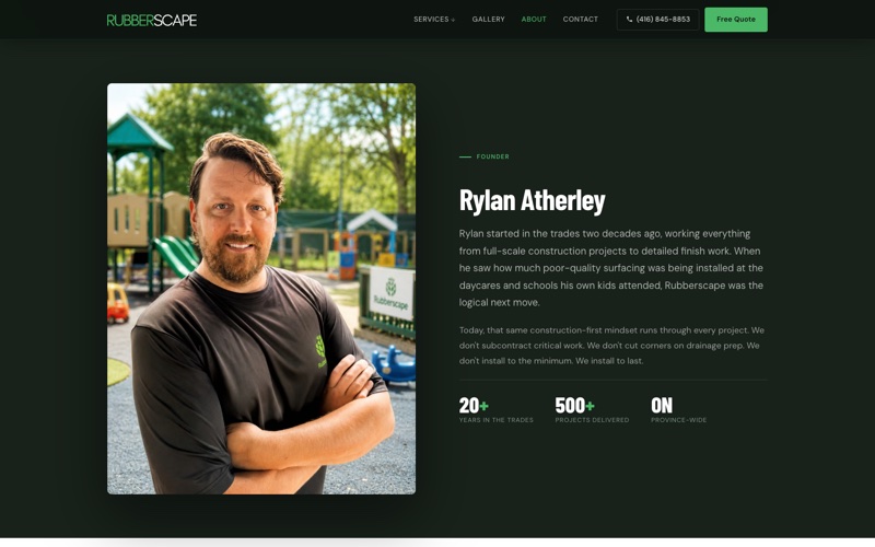 The Rubberscape about page, with a portrait of the founder in a playground beside his story