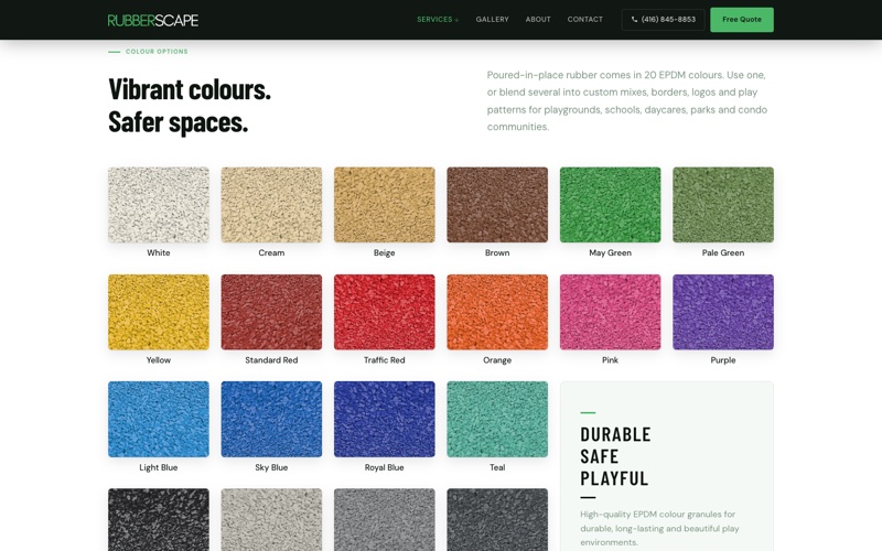 The colour options on the Rubberscape rubber surfacing page: a grid of named colour swatches