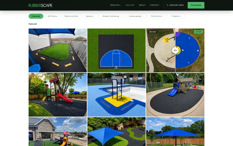 The Rubberscape gallery, with filters above a grid of project photos