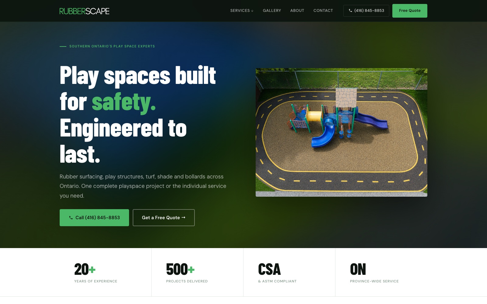 The Rubberscape homepage: “Play spaces built for safety. Engineered to last.” beside a playground seen from above