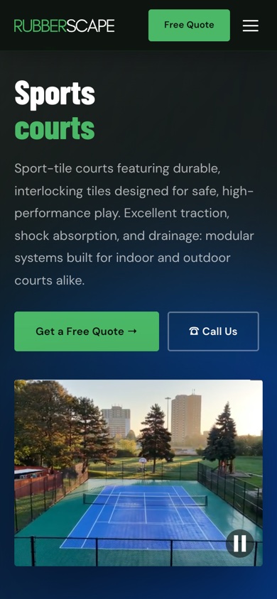 The Rubberscape sports courts page on a phone, with a video of a court