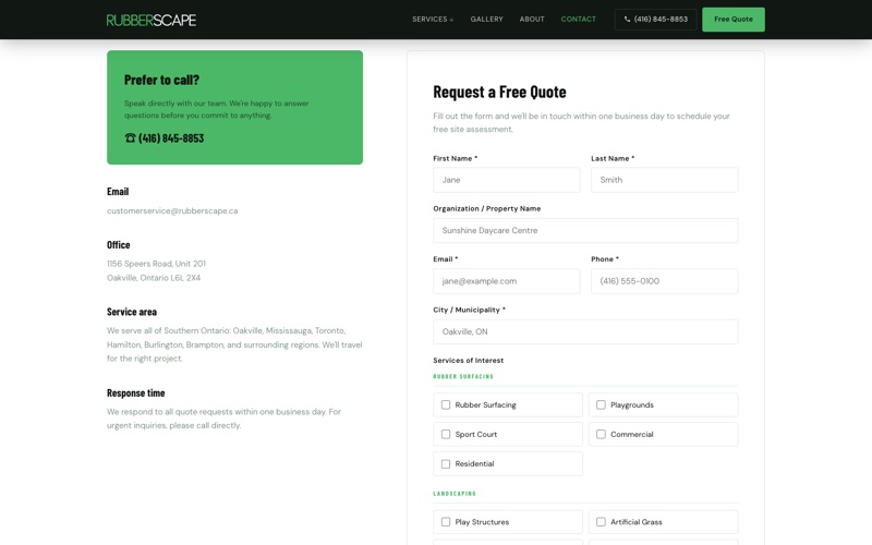 The Rubberscape contact page, with the office details and the form to request a free quote